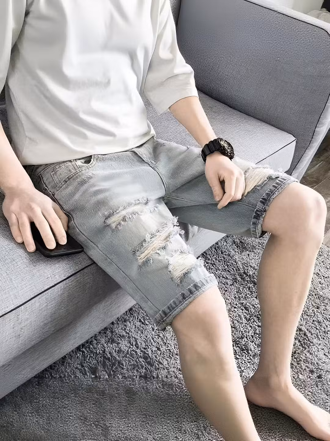 Ripped Denim Shorts Men's Summer Thin 2026 New Casual Loose Washed 5 Five-point Pants Straight Breeches, White And Blue 28_mkmklike.com