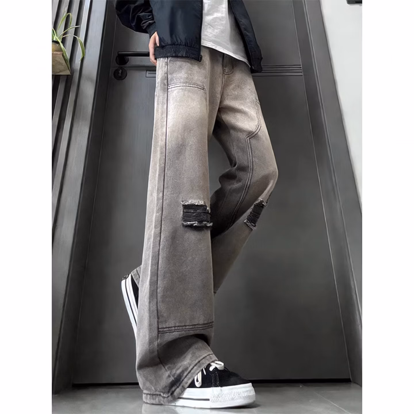 American Fake Ripped Tooling Jeans Men's American Vibe Wide-leg Pants Student Ruffian Handsome Micro-straight Casual Pants, Color (black) S_mkmklike.com