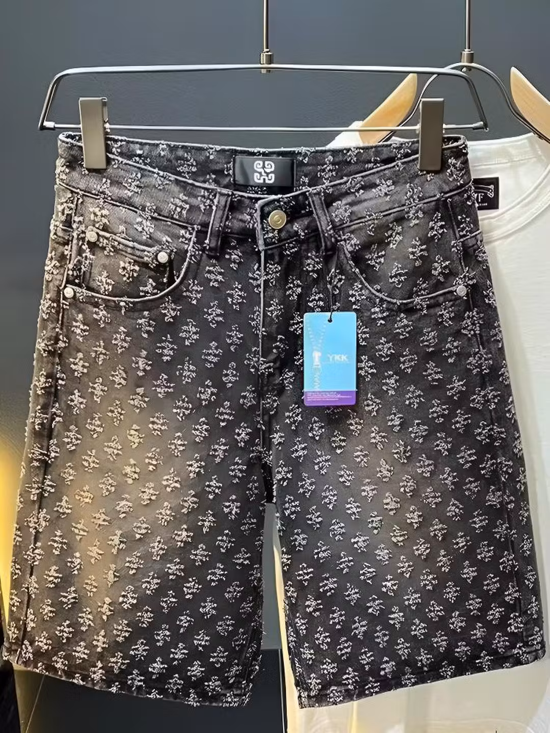 Full Print Jacquard Denim Shorts Men's Summer American Retro Trendy Brand Design Sense Student Ruffian Handsome Casual Five-point Pants, Blue S_viptrois.com