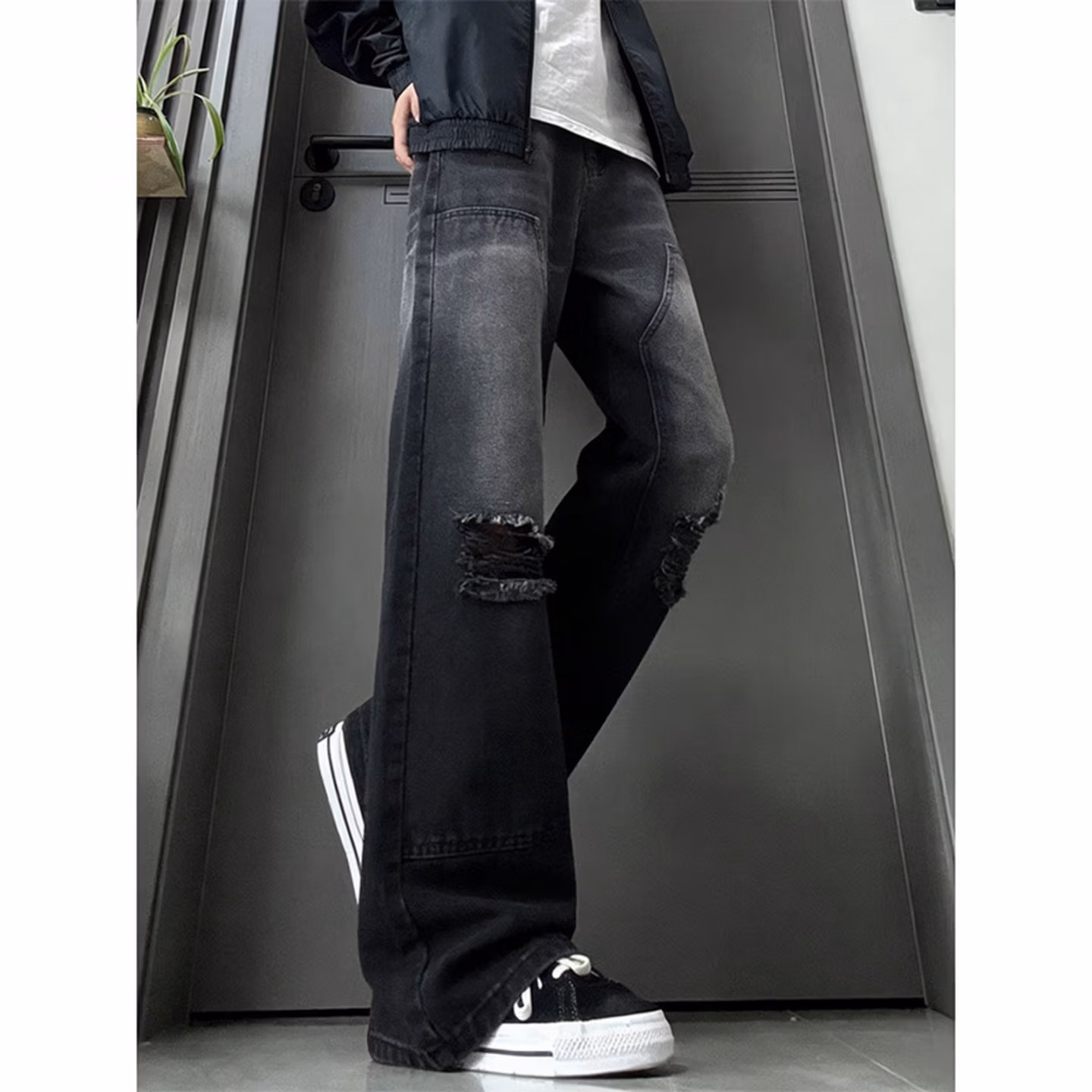 American Fake Ripped Tooling Jeans Men's American Vibe Wide-leg Pants Student Ruffian Handsome Micro-straight Casual Pants, Color (black) S_mkmklike.com