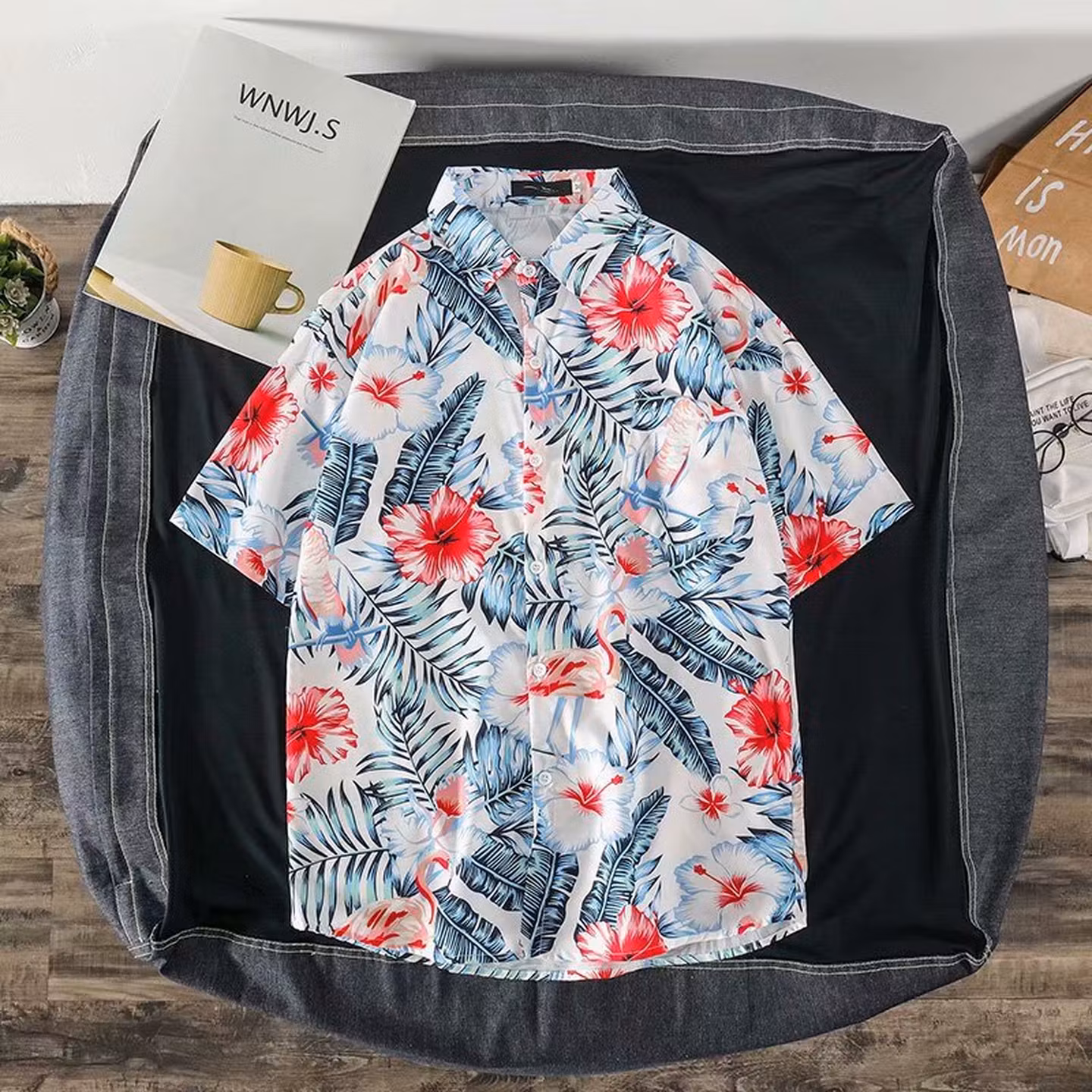 Dünnes, sommerliches Strandhemd mit Sonnenschutz, lockeres Hawaiihemd mit Blumenmuster, kurzärmelig, für Damen und Herren, Partner-Mantel, Modell 1131, Weiß, Größe 3XL_voghion.com