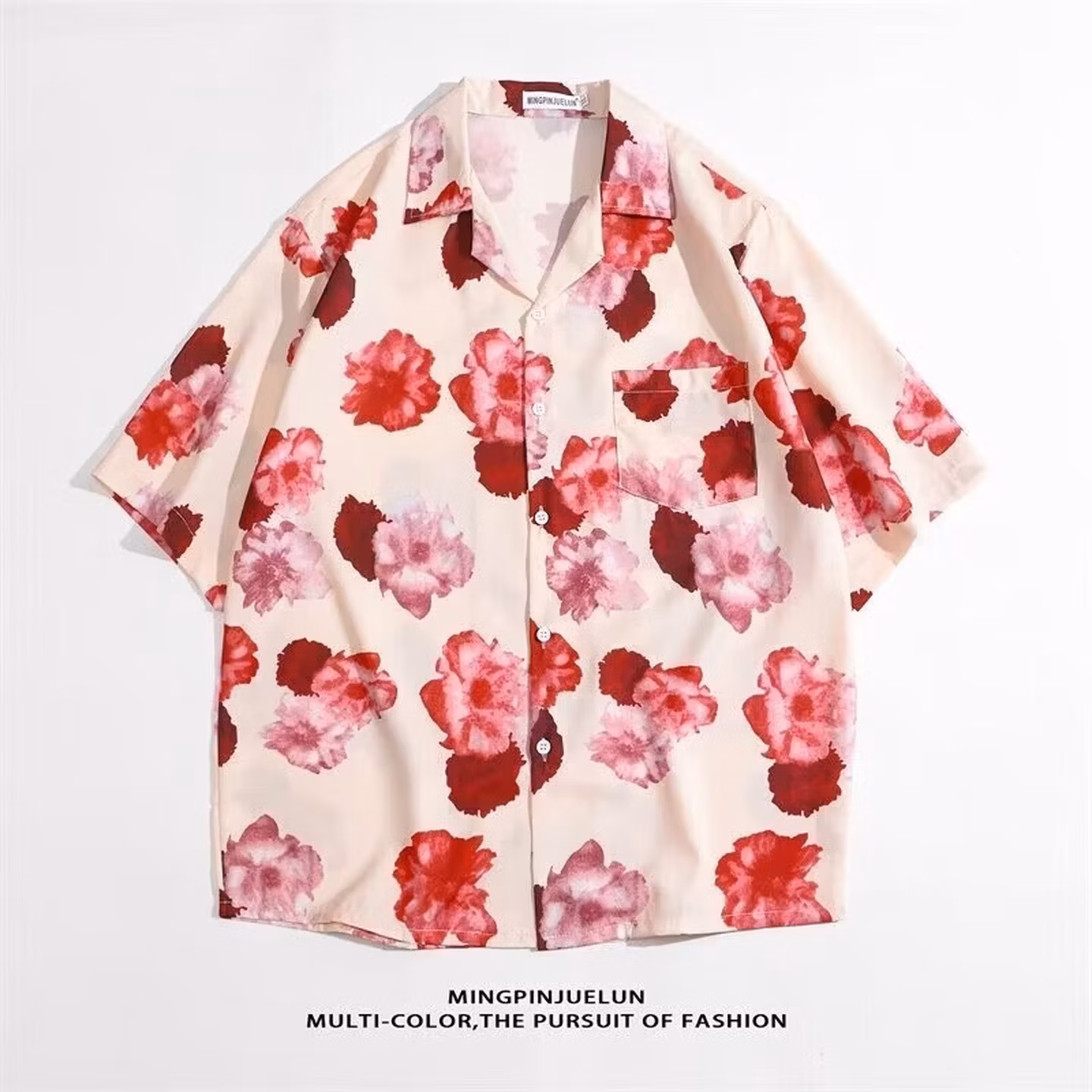 Miami Loose Short Sleeve Flower Shirt Summer Ins Trendy Beach Half Sleeve Shirt Versatile Casual Top, Black M_viptrois.com