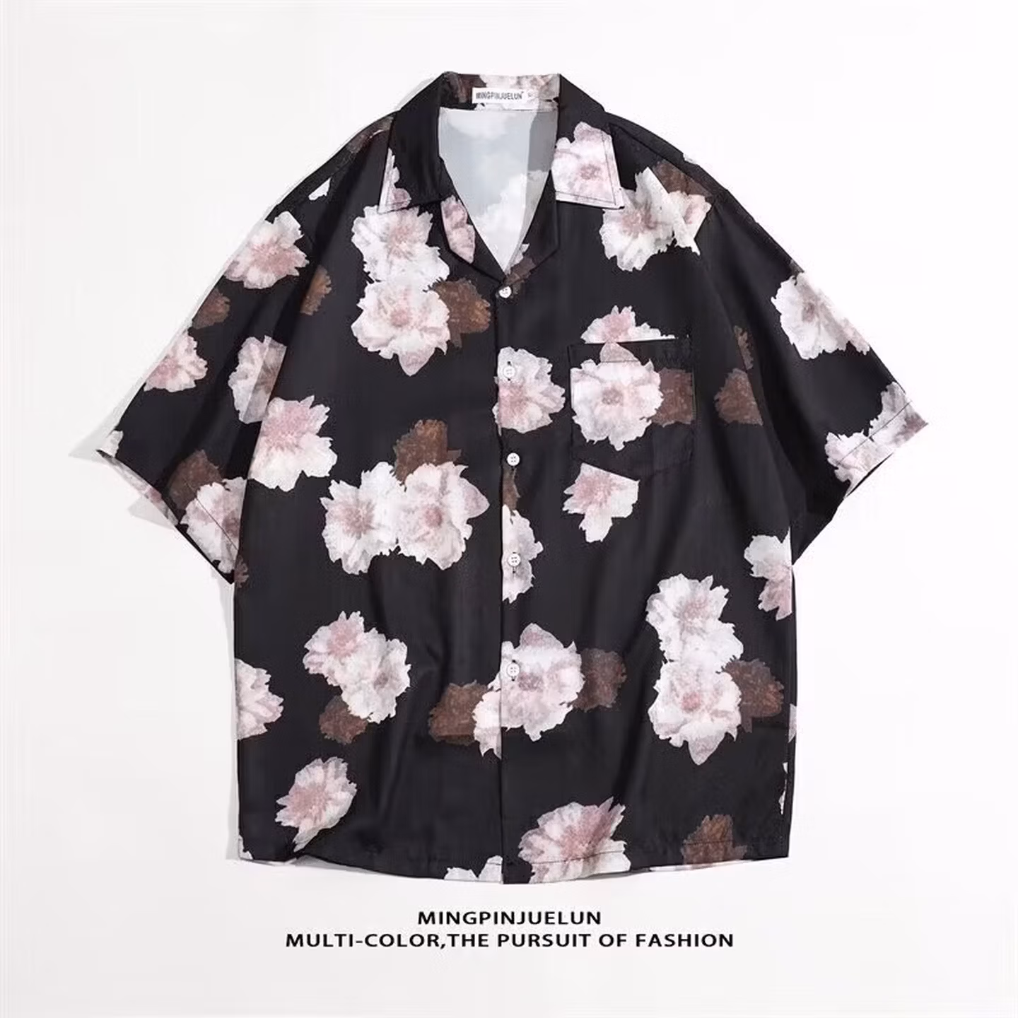 Miami Loose Short Sleeve Flower Shirt Summer Ins Trendy Beach Half Sleeve Shirt Versatile Casual Top, Black M_viptrois.com
