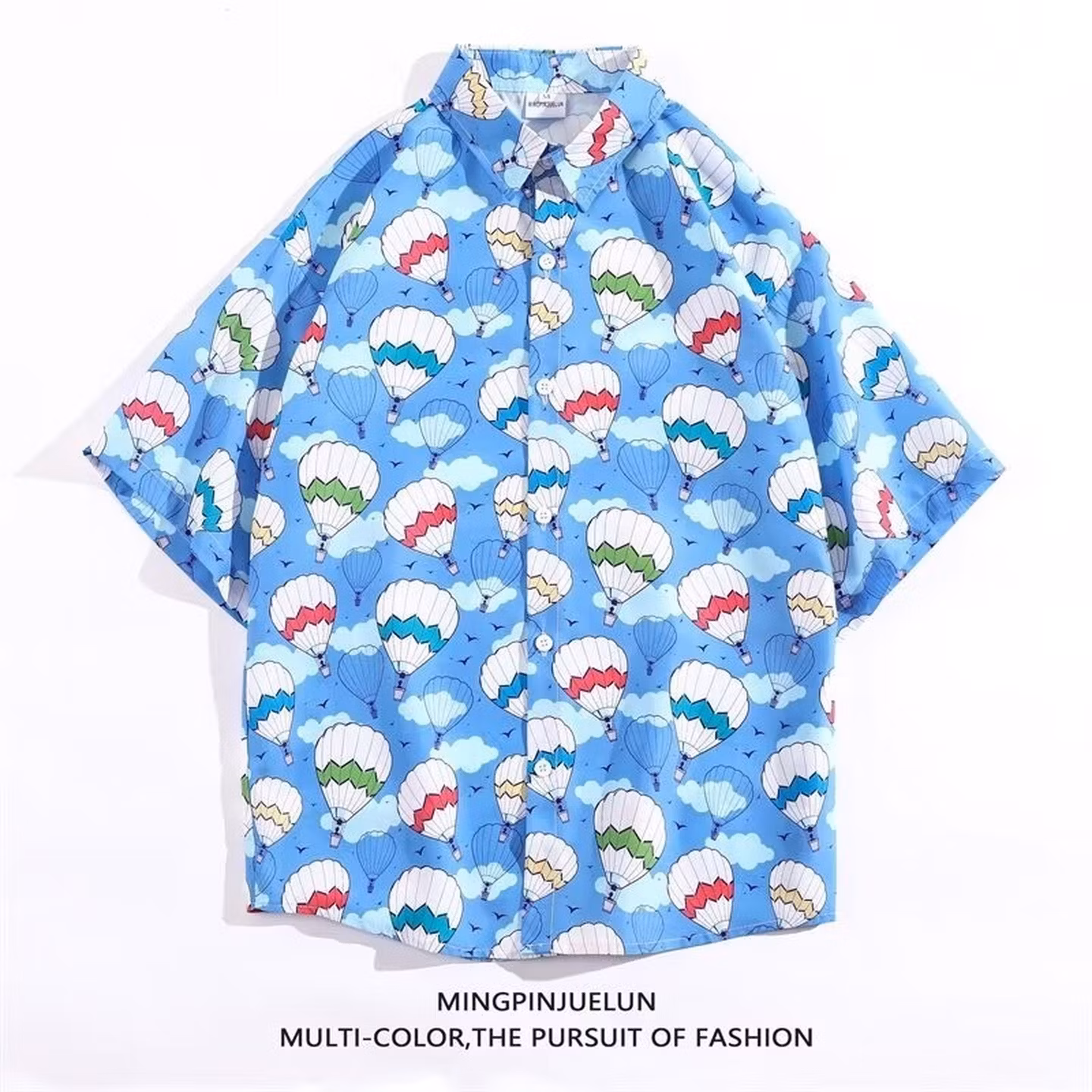 Hawaiian Ruffian Handsome Flower Shirt Men's Summer Thin Hong Kong Trendy Brand Seaside Vacation Beach Shirt Men's, Blue L_viptrois.com