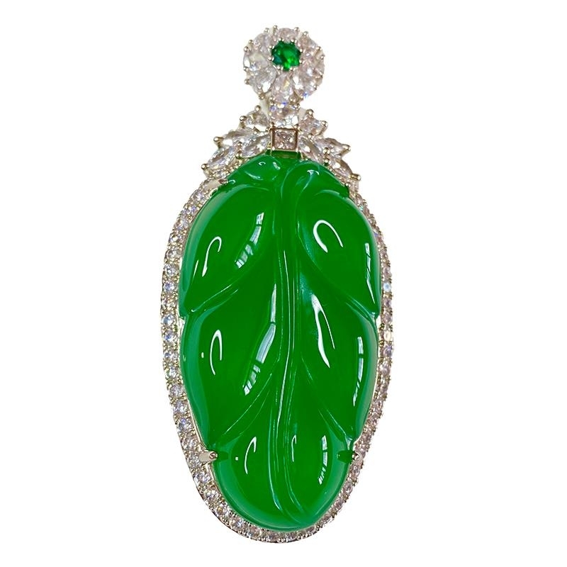 天然冰种绿玉髓挂坠女款翡翠色祖母绿s925镶宝石项链坠子树叶吊坠