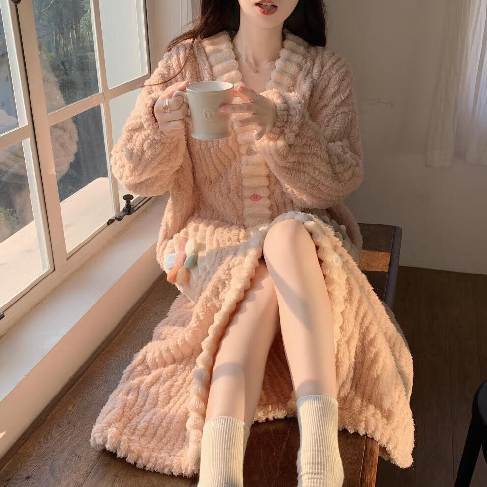 【39.9包邮】诗莉奥 珊瑚绒长款睡袍 粉色彩虹花朵 均码(80~180斤)