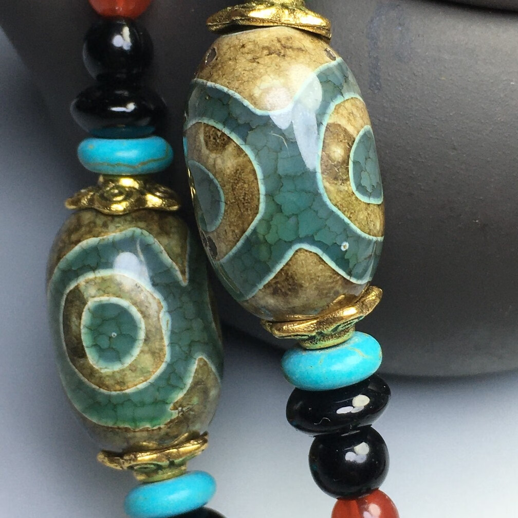 原创复古西藏玛瑙玉髓三九眼绿天珠吊坠项链民族风