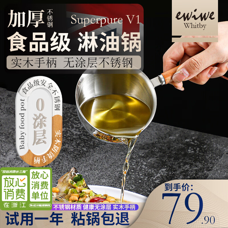 【实付11.9亓】EWIWE 食品级不锈钢淋油锅 mini煎蛋锅 300ml