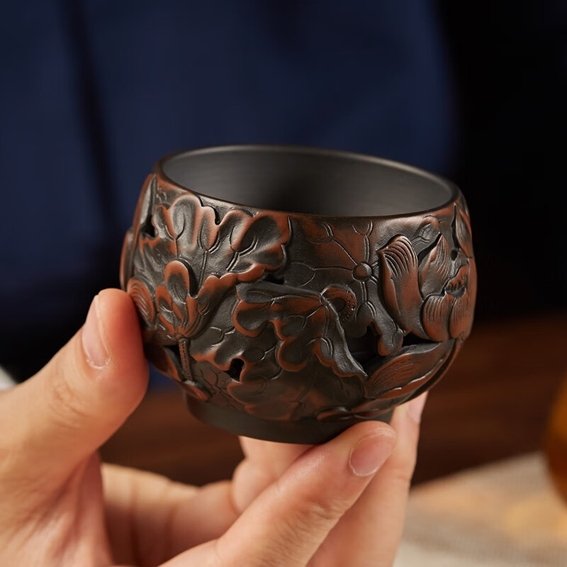 建水紫陶茶杯纯手工杯主人杯品茗杯镂空杯