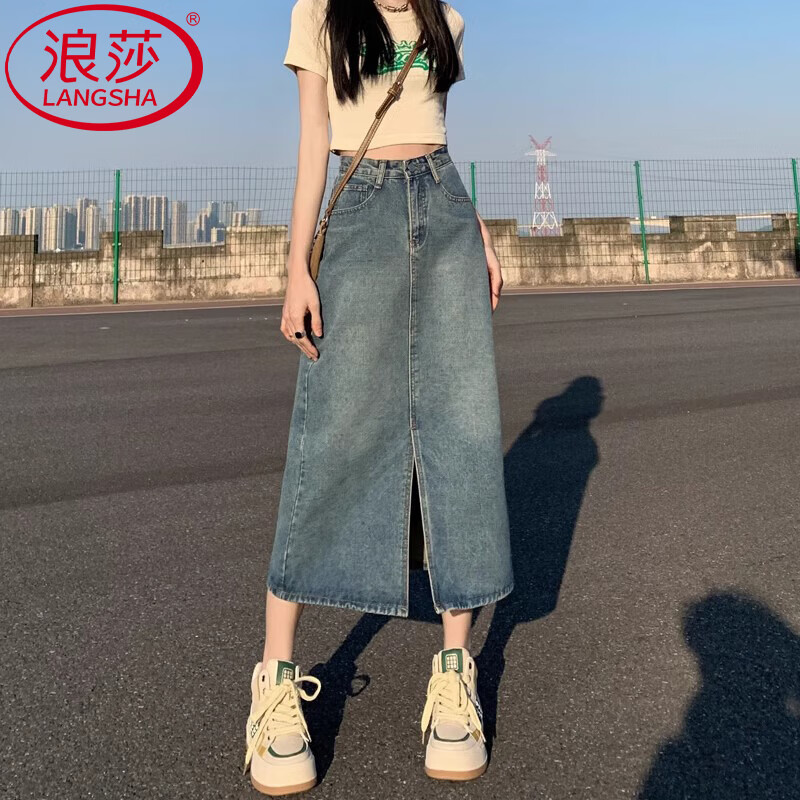 【JD旗舰店】浪莎 高腰a字中长款复古牛仔裙