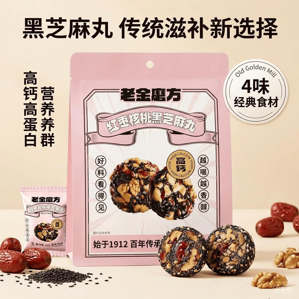 【官方旗舰店】老金磨方 红枣核桃黑芝麻丸/有实力颗粒黑芝麻丸/金黄亚麻籽芝麻丸150g/袋