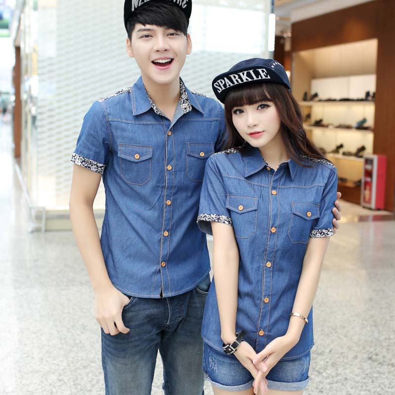 ldb 夏季新款 情侣款牛仔衬衫 男士短袖衬衣 韩版修身休闲寸衣 男上衣