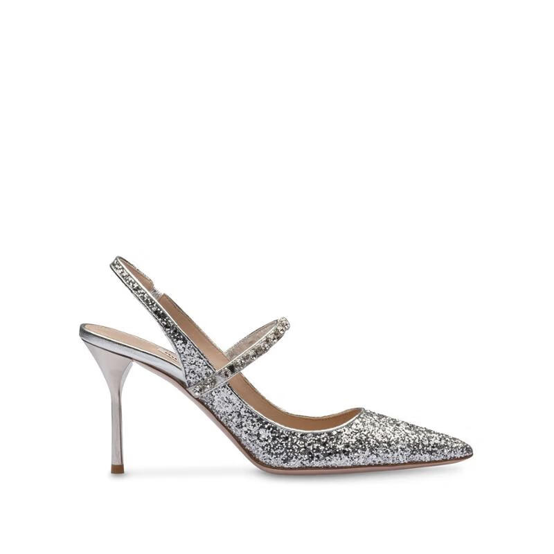 缪缪(miumiu)20秋冬女士晶饰镶嵌亮片高跟鞋 银色 it38