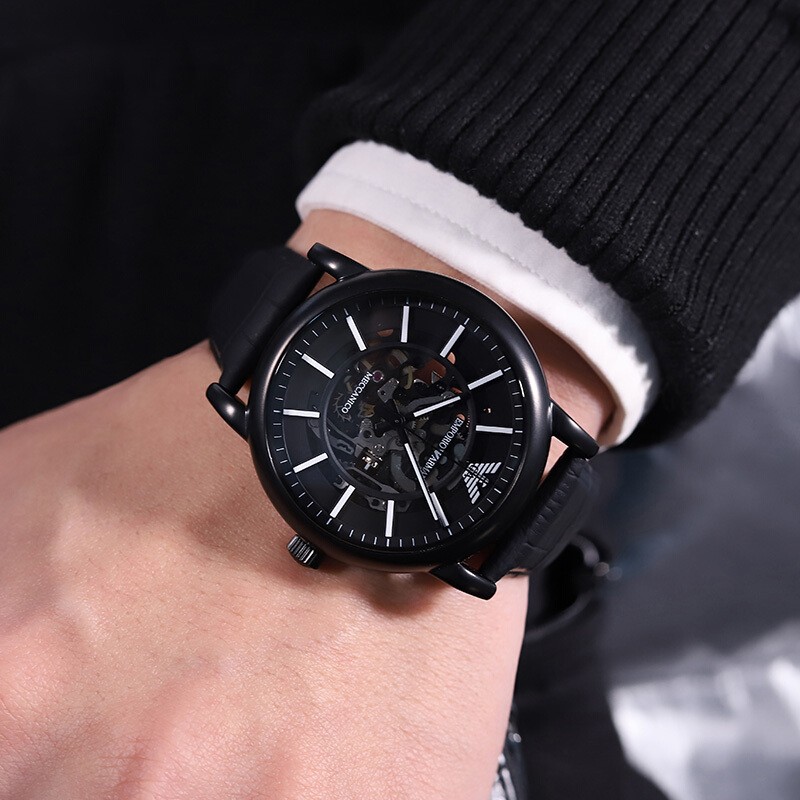 armani)手表 镂空机械男表 皮带商务休闲男士腕表 生日礼物送男友