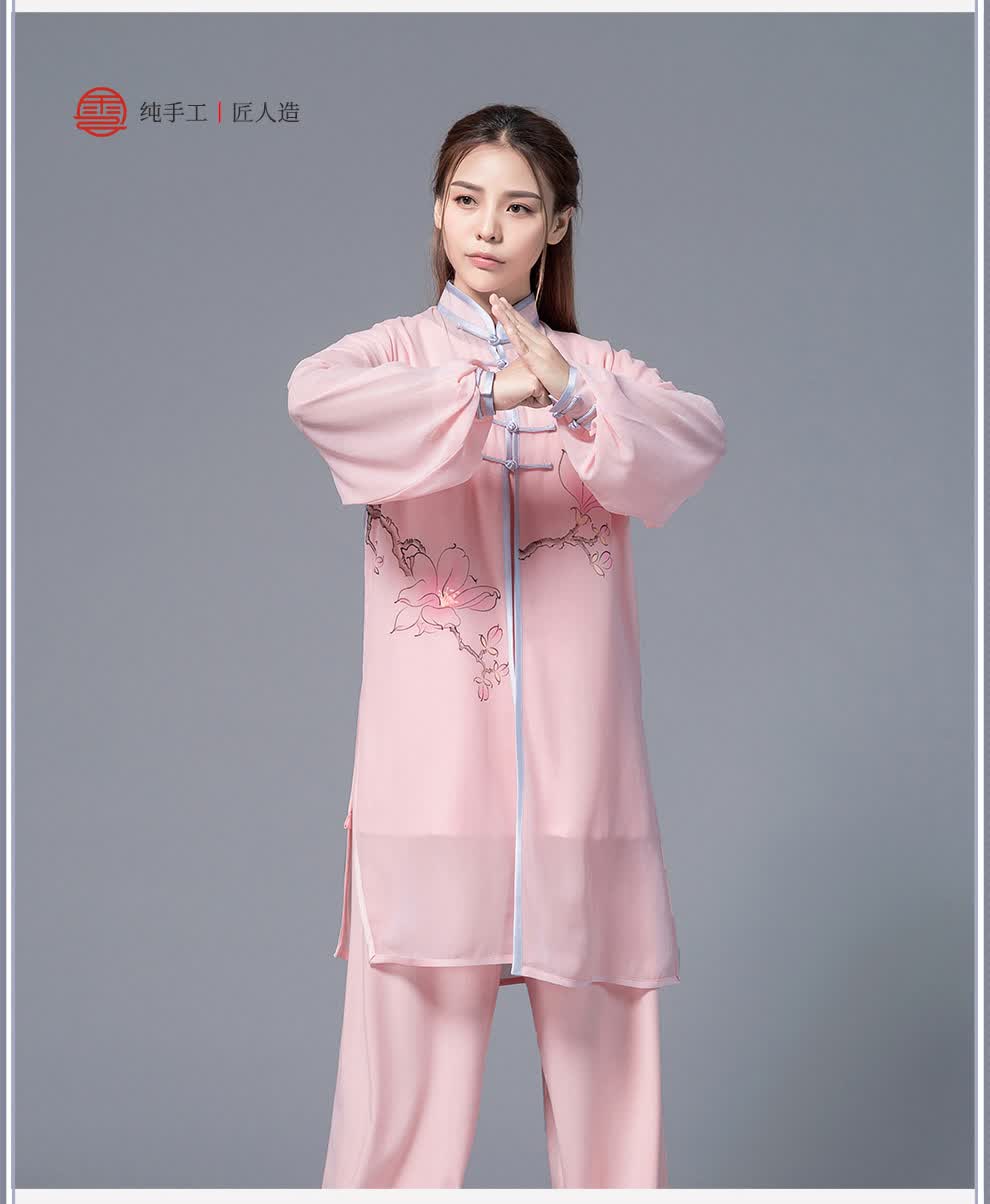 云太极服女春秋练功服丝麻长袖表演服中老年手绘披纱晨练服3件套嫣然
