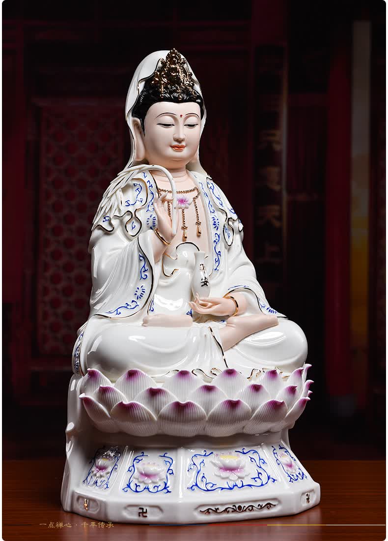 戴玉堂 陶瓷六莲观音菩萨佛像摆件 坐莲观世音娘娘坐像家居供奉家用