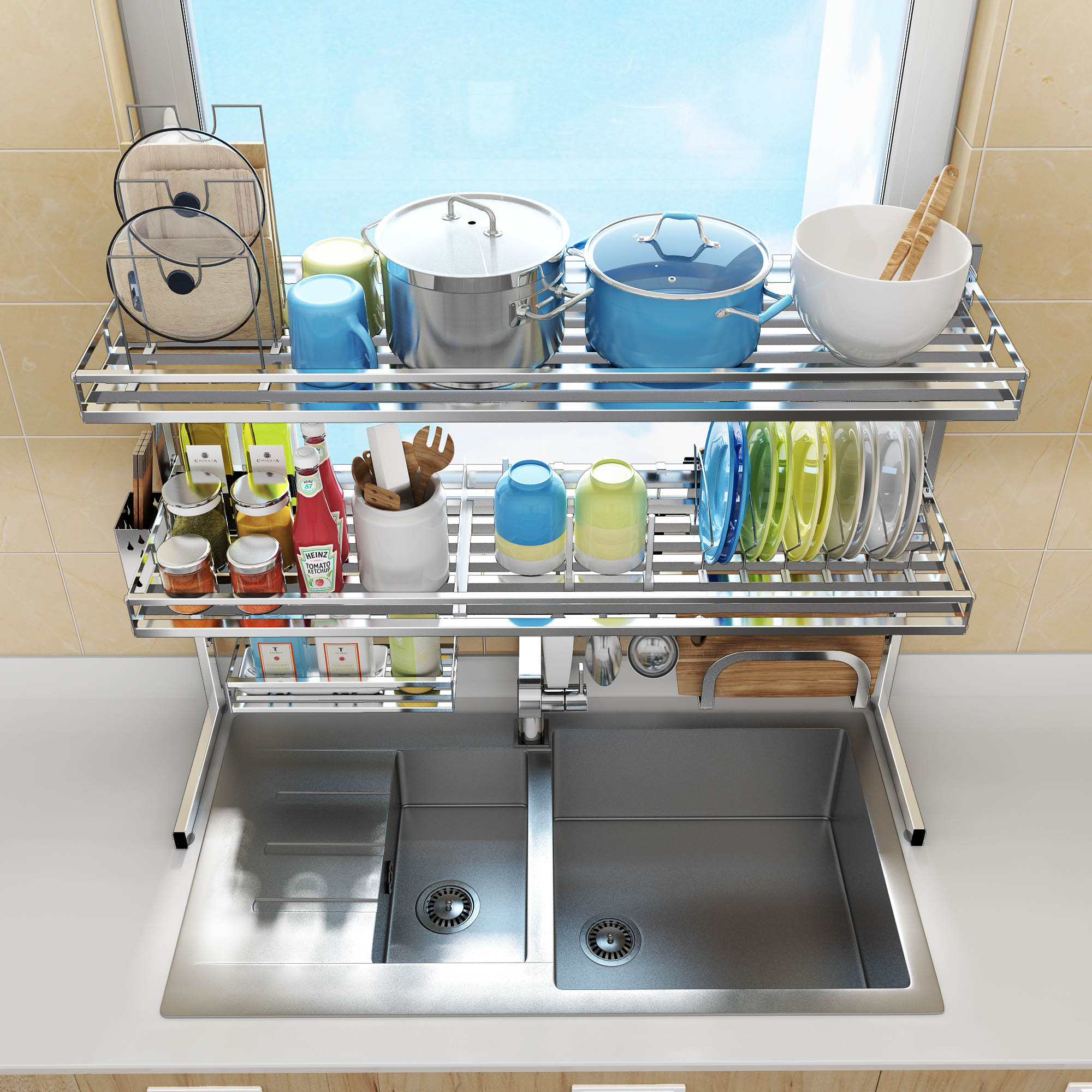 抖音304不锈钢厨房用品置物架水槽洗碗池沥水架碗碟架调料收纳架锅架