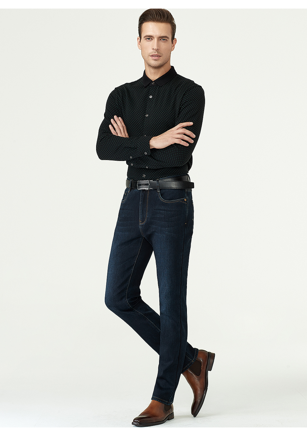 百斯盾(bestn)牛仔裤男中直筒2018秋冬新款加绒加厚宽松男裤保暖休闲