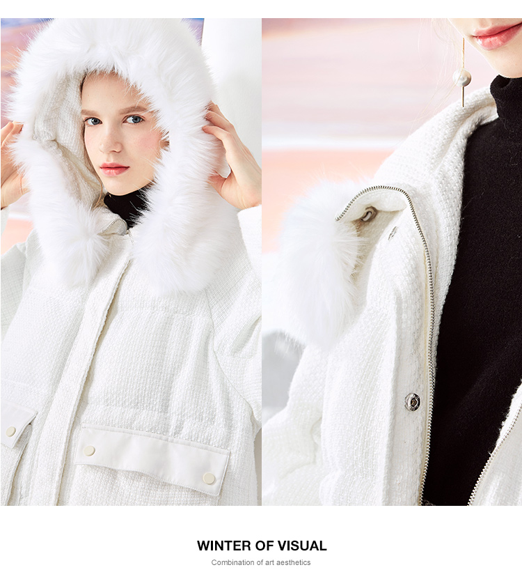 糖力2018冬季新款白色欧美连帽毛领90白鸭绒羽绒服女宽松保暖外套