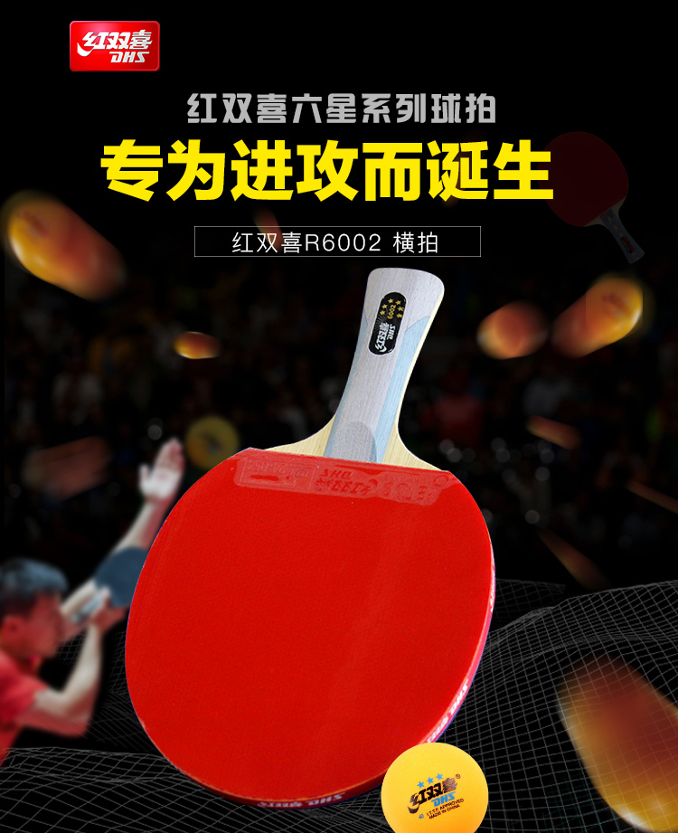 红双喜 dhs 双面反胶弧圈结合快攻乒乓球拍单拍r6002(横拍) 原装拍套