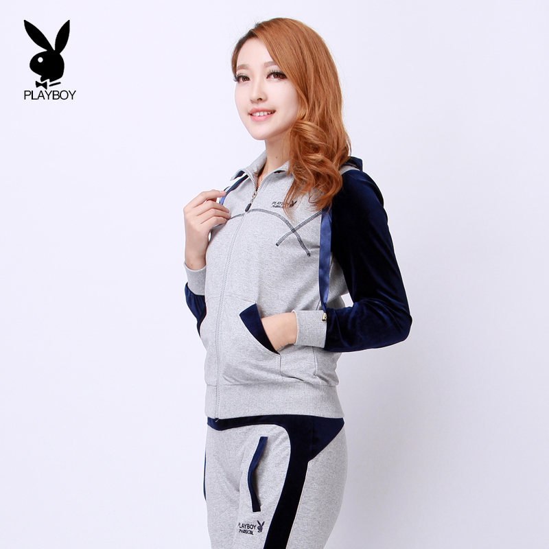 花花公子2015新款春季女士运动套装修身棉布卫衣套装女 深蓝灰