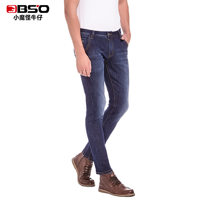 bso/小魔怪牛仔裤男薄款夏季时尚修身大码中腰合体小直筒长裤 蓝色